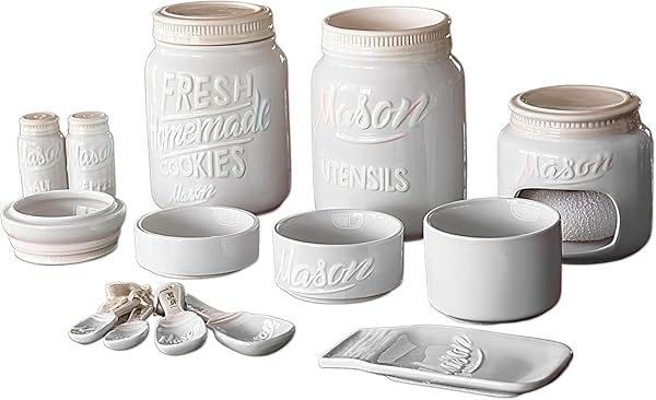 FARMHOUSE CANISTERS SETS FOR THE KITCHEN – MASON JAR CERAMIC KITCHEN UTENSIL HOLDER, SPOON REST, CUTE COOKIE JAR, SALT & PEPPER SHAKER SETS, SPONGE HOLDER, MEASURING CUPS & SPOONS (WHITE,17-PC BUNDLE)