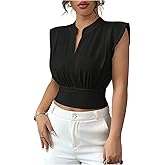 Milumia Women's Cap Sleeve Ruched Crop Tee Tops Casual V Neck Cinched Waist T Shirt