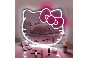 COLORNEON Hello Kit Vanity Mirror with Lights, Brightness Adjustable Makleup Mirror, Cat Light Neon Sign, Led Wall Mirror Lamp, Hello Kit Room Decor For Tenn Girls Gift, Hello Kit Stuff, 16*14In (12V Adapter)
