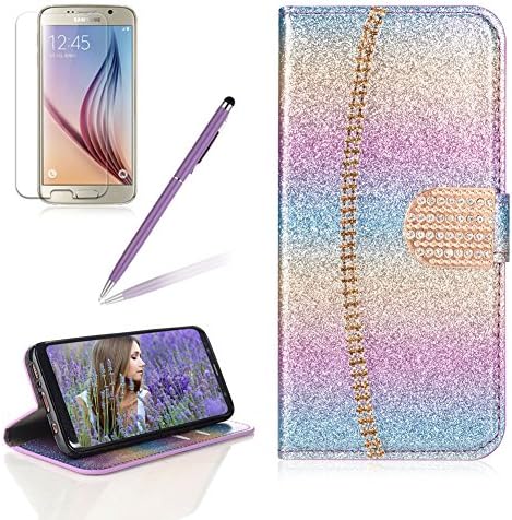 for Samsung Galaxy Note 8 Case,Girlyard Luxury Solid Colour Glitter PU Leather Wallet Diamond Magnetic Buckle with Credit Card Slots and Inner Soft TPU Case for Samsung Galaxy Note 8 -Rainbow Violet
