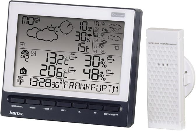 Hama Funk Wetterstation Mit Funkuhr Wecker Frostalarm Regenwahrscheinlichkeit Und Profi Wettervorhersage Inkl Aussensensor Reichweite 30 M Blau Amazon De Garten