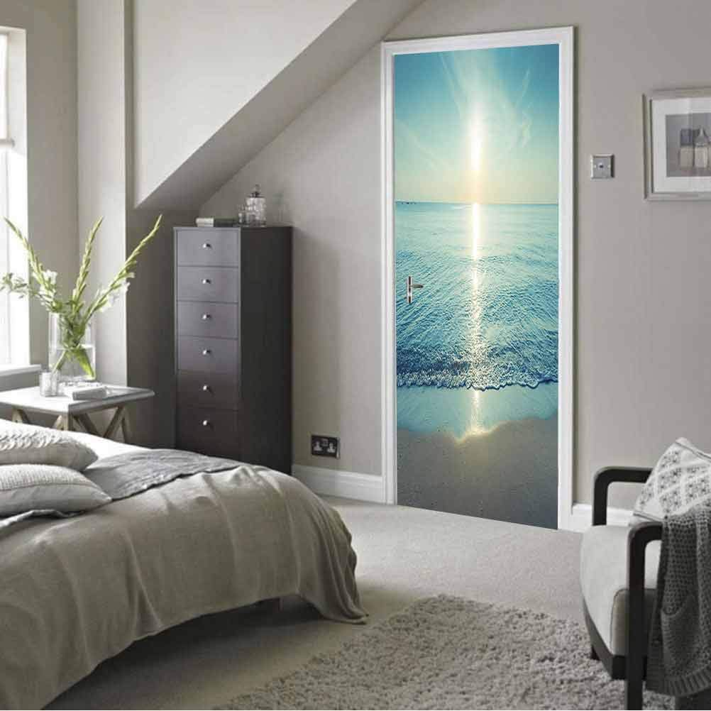 3D Door Mural Decals Wall Murals Wallpaper, Beautiful Silhouette Sunset at Tropical sea, Peel and Stick Removable Door Decal for Home Decorative W15 x H78.13 Inch