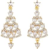 Rhinestone Heart Chandellier Dangle Earrings for Women Love Hearted Crystal Christmas Star Tree Statement Charms Drop Dangling Stud Earring Elegant Delicate Xmas Holiday Festival Ornament Jewelry