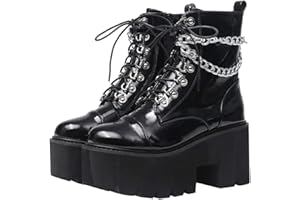 CYNLLIO Fashion Block Heel Platform Combat Ankle Booties Women's Lace up Studded Motorcycle Boots Mid Calf Boots