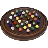 Deluxe Marble Solitaire Game Handmade Solid Wooden Marble Board Game Set | With 36 Natural Marble Marbles Classic Thick Round Board Games for Adults Game Night (Walnut, Medium)