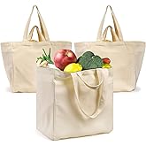 Tosnail 3 Pack Canvas Grocery Tote Bags with Bottle Sleeves, 14 x 9.75 x 15 Inches Large Reusable Shopping Bags with Long Shoulder Strap and Short Handles, Heavy Duty Cloth Bags
