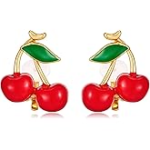FILMOON Gold Plated Clip On Earrings for Women Cute Red Cherry Earrings Non Piercing Studs Fruit Jewelry