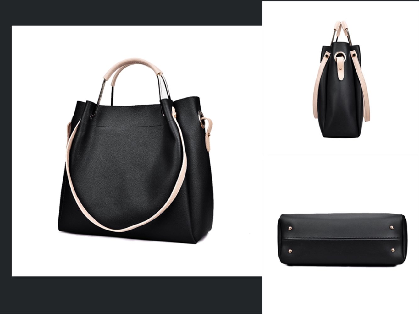 Bolso de Mano cuero PU mujeres,Bolso Señoras Totes 2 pedazos en 1,Bolso de bandolera y Mano-Negro