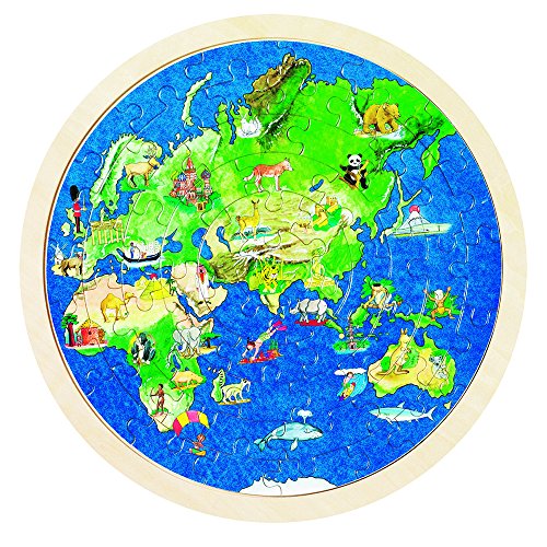goki 57666 - Einlegepuzzle Weltkugel aus Holz, Holzpuzzle mit Menschen & Tieren der Erde, Lernspielzeug und Kinderpuzzle, fördert Fantasie und Motorik, 30cm x 30cm, 57er Set, ab 6 Jahre