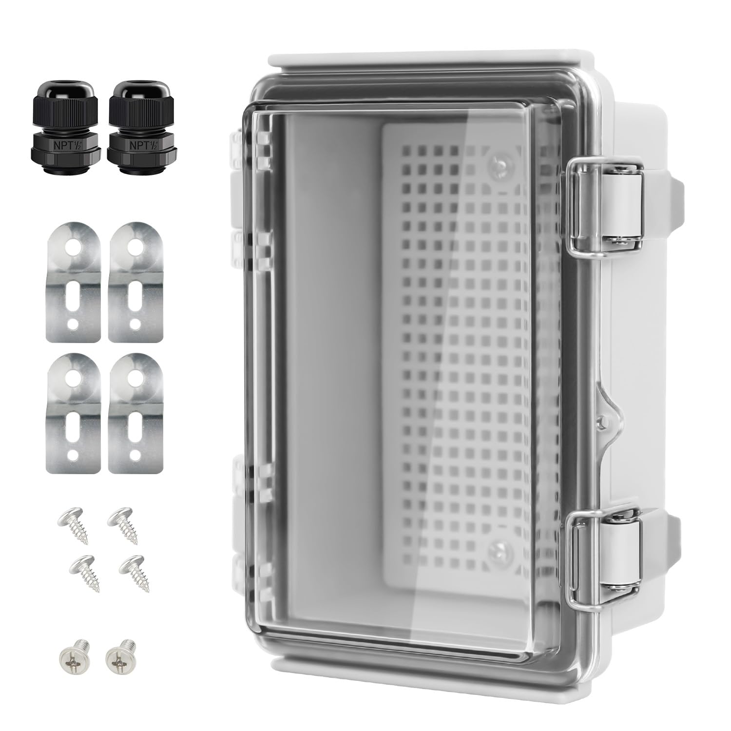Photo 1 of LeMotech Electrical Box, IP67 Waterproof Hinged Clear Cover Stainless Steel Latch Junction Box, ABS Plastic Electrical Enclosure with Mounting Plate,Wall Brackets, Cable Glands,5.9"x3.9"x2.8",Grey