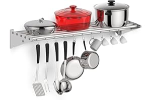RIEDHOFF Metal Kitchen Rack for Storage and Organization, [NSF Certified] 12" x 36" Stainless Steel Wall Mount Shelf with 10 S Hooks for Hanging Pots, Pans, Cookware in Home and Restaurant