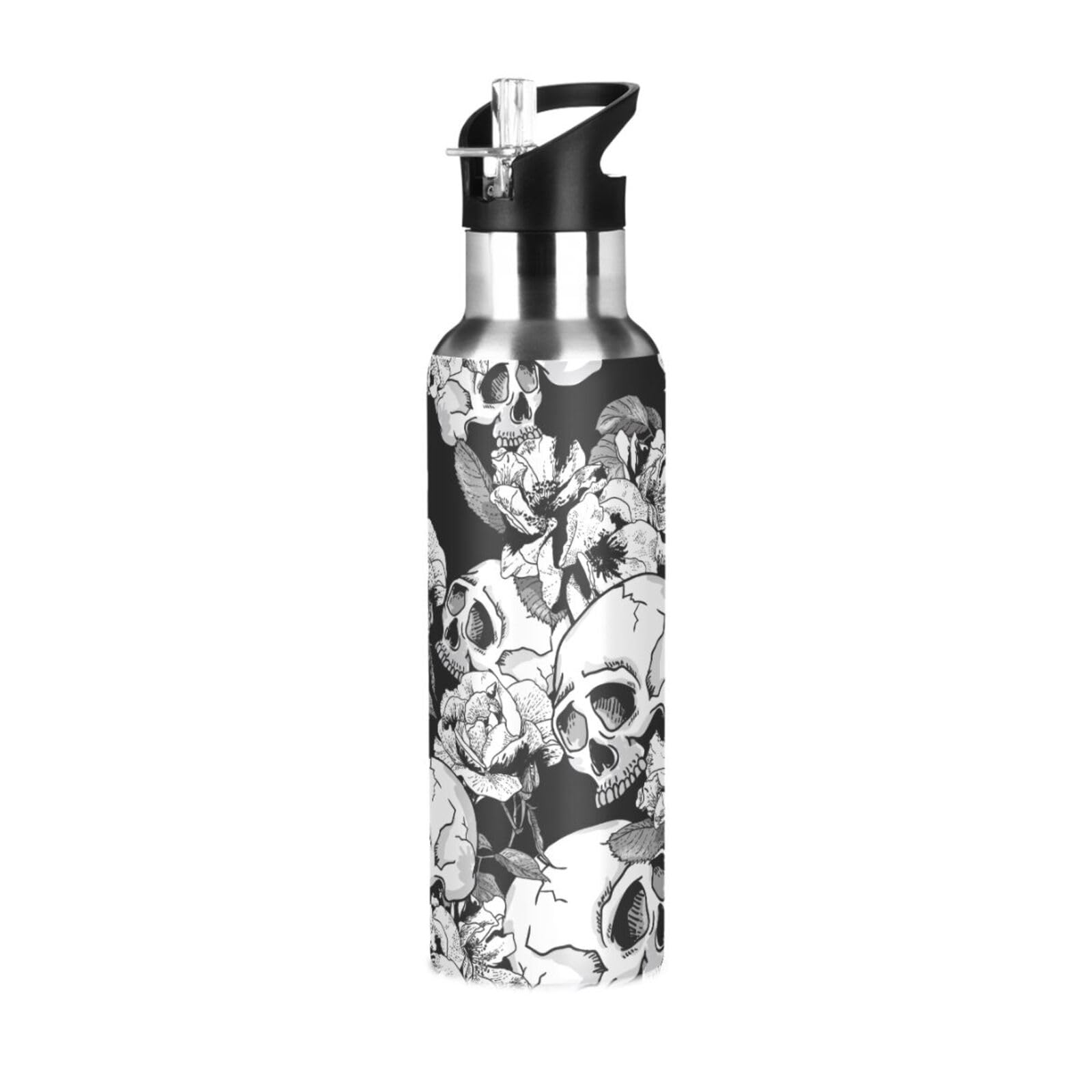 Gothic Skull Water Bottle with Straw Sugar Skull Floral Lid Thermos Kids Insulated Stainless Steel Water Flask Sports, 600ml Hot Cold