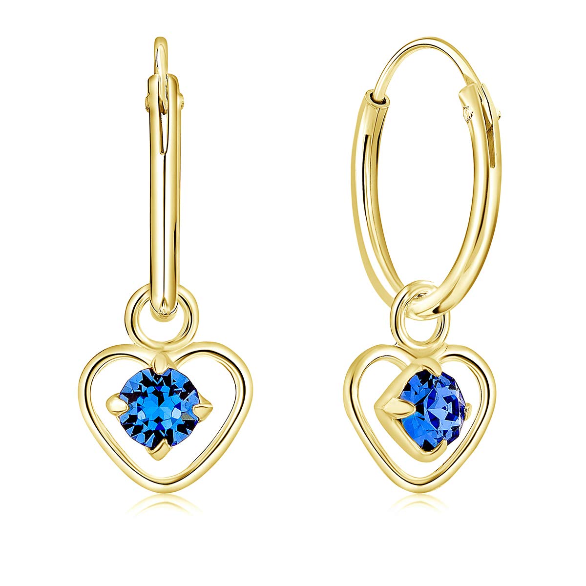 DTPsilver® 925 Sterling Silver Yellow Gold Plated SMALL Hoops Earrings & Dangling Heart with 3 mm Crystals from Swarovski® Elements - Thickness 1.5 mm - Diameter: 14 mm - Colour : Blue Sapphire — image 1