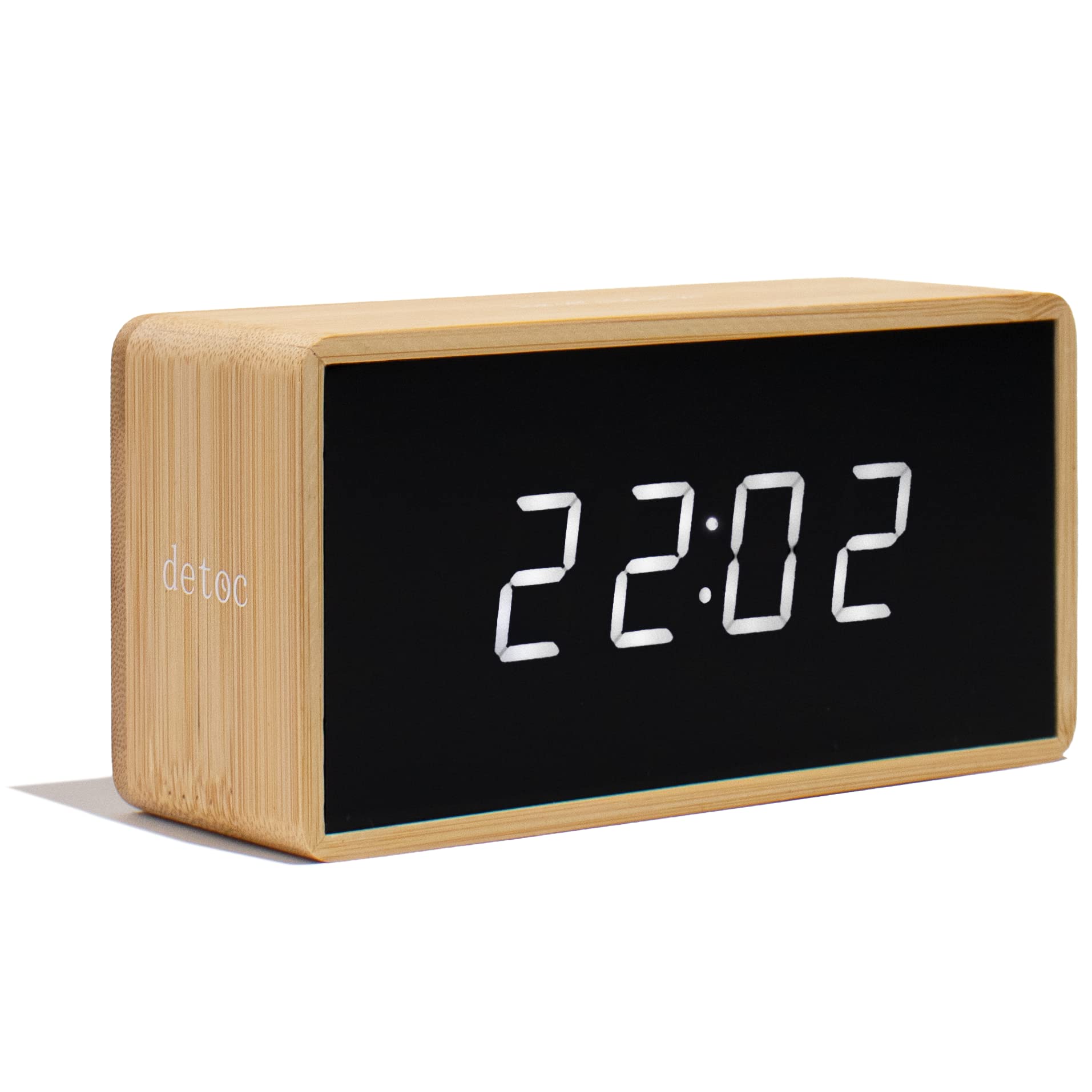 Dig Detox Detoc Bamboo LED Digital Clock with Temperature Date Time Alarm - Alarm Clock for Bedroom - USB Rechargeable Table Clock for Living Room