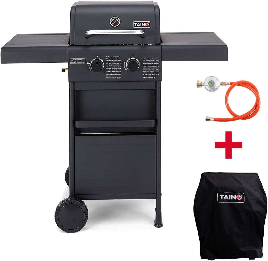 TAINO COMPACT Gasgrill Grillwagen Griller BBQ Edelstahl-Brenner Gas-Grill schwarz Balkon City (2+0 mit Zubehör, Schwarz)