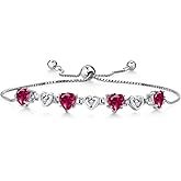 Gem Stone King 2-4 Cttw Heart Shape Gemstone Birthstone and White Lab Grown Diamond Tennis Bracelet For Women | 925 Sterling Silver | 6MM Heart | Adjustable Bolo Bracelet | Easy-On Easy-Off
