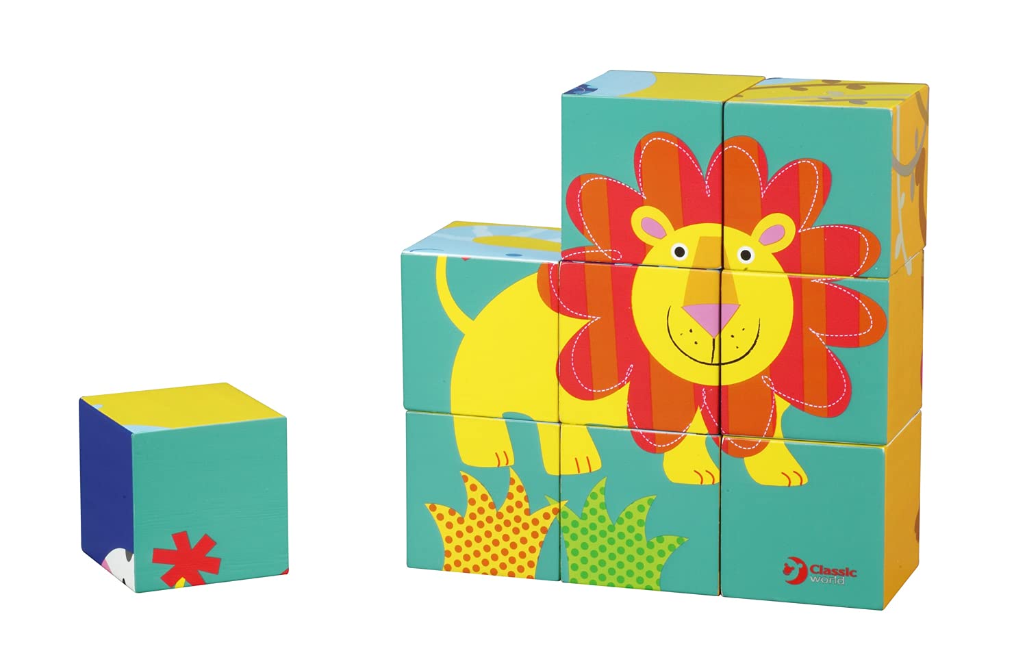 Classic World Wooden Wild Animal Blocks Puzzle, Preschool Montessori Toy, Building Blocks Puzzle for Toddlers, 9 Pieces, 12 Months+