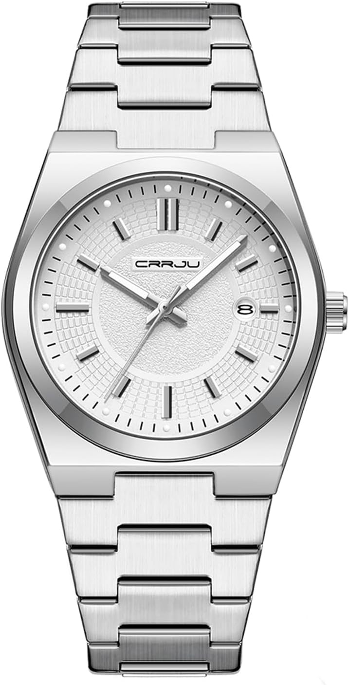 CRRJU Watches for Men,Fashion Luxury Luminous Analog Quartz Wristwatches,Business Man Calendar Watches Silver