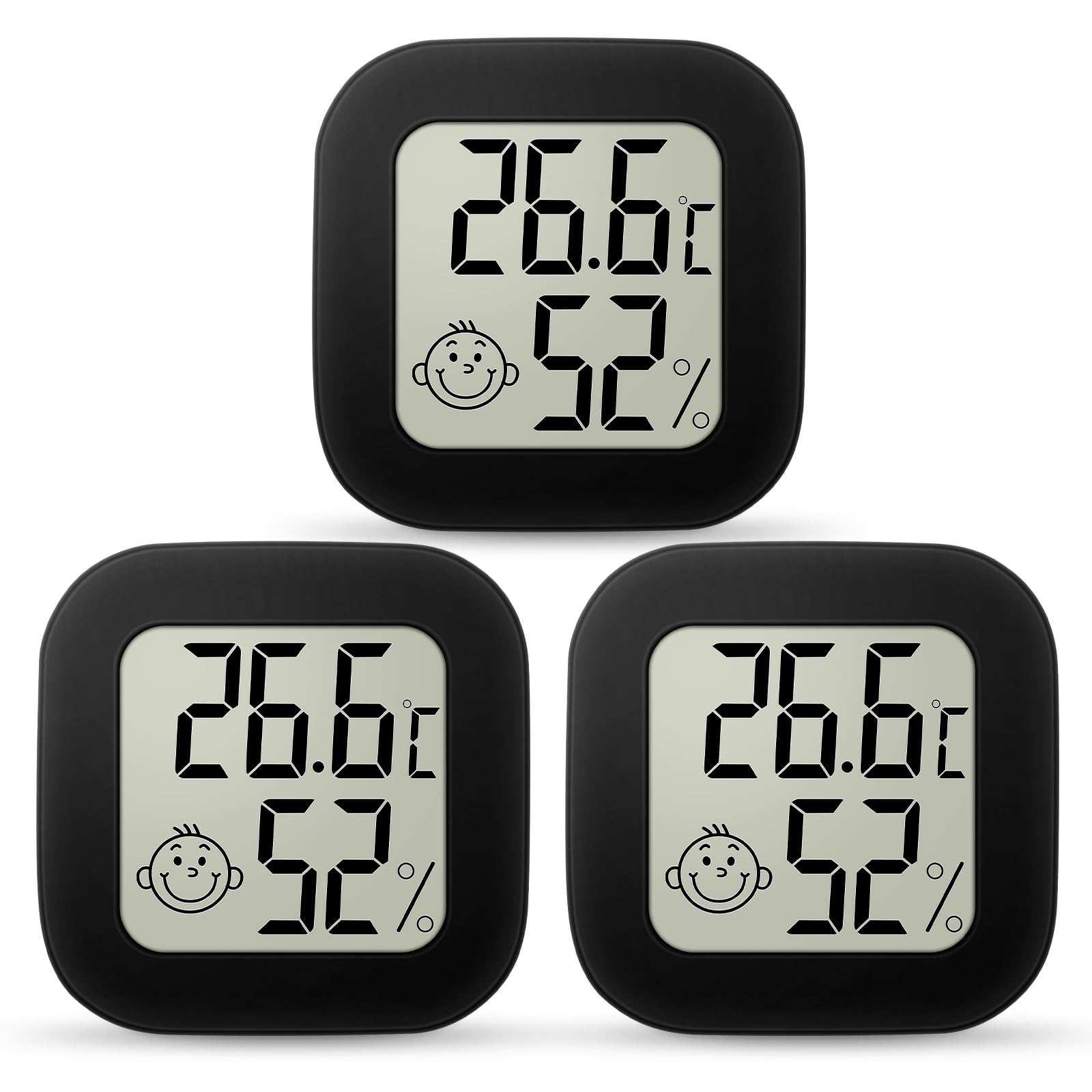 Ainiv 3PCS Digital Hygrometer Indoor Thermometer, Mini Room Thermometer with LCD Display and Face Lcons, Humidity Gauge with Temperature Humidity Monitor for Bedroom, Baby Room, Warehouse, Cellar, Car