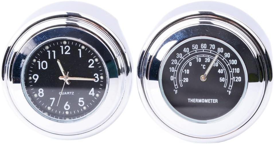 2 in 1 Universal Motorcycle Handlebar Clock and Thermometer Waterproof Black Dial Noctilucent 7/8" Handlebar Mount for Yamaha Kawasaki Honda Suzuki Harley Davidson