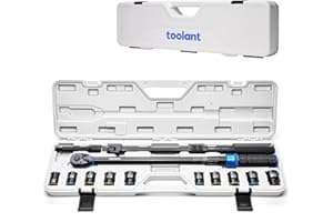 toolant 13PCS 1/2 Inch Click Torque Wrench Set, 25-250 FT.-LB/33.9-339.0 Nm, with Breaker Bar & 5-Inch-Extension & 10 Sockets
