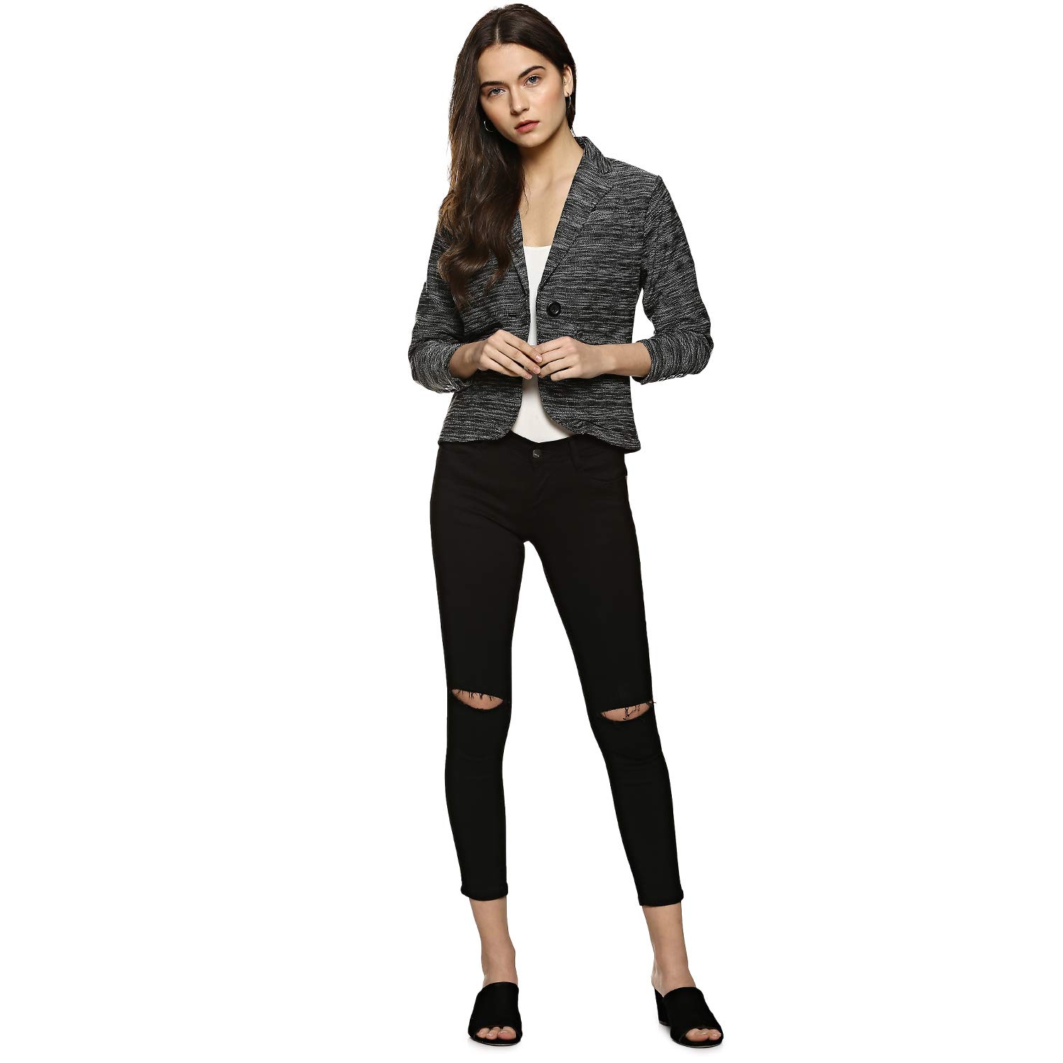 campus sutra women plain blazer black
