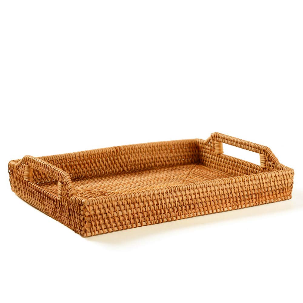 Photo 1 of I-lan Large Handcrafted Rattan Serving Tray - Wicker Rectangle Trays with Handles, Rattan Decor Tray Organizer, Serving Baskets for Bread, Coffee, Breakfast, Dish 14.6" x 10.6" x 2" Nature Brown