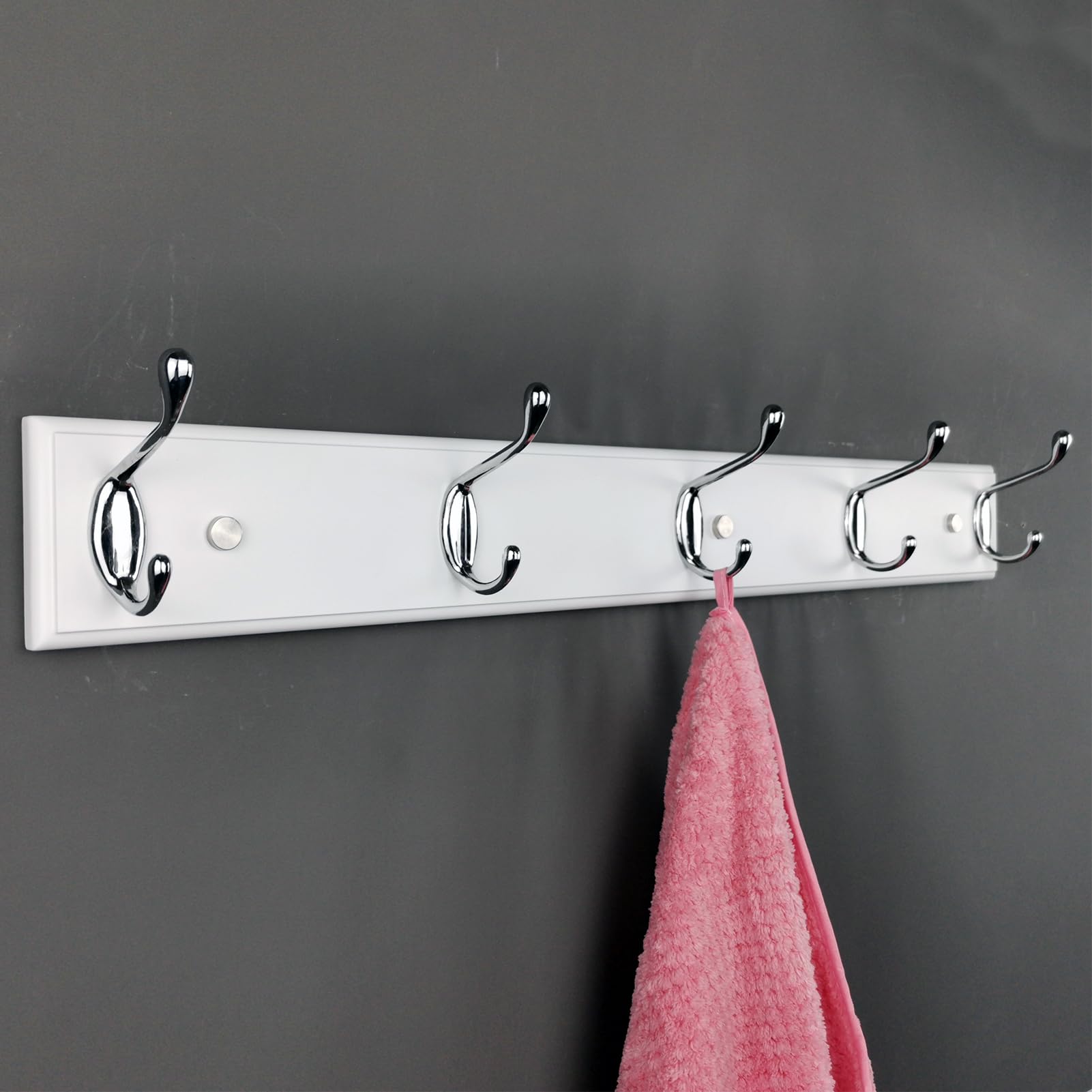 Lomejii Long Wall Coat Rack - White Wood with 5 Silver Hooks, 60 cm Wide, Strong Hook Rail for Hat, Bag, Large Modern Coat Rack for Entrance, Hallway, Bedroom, Wardrobe