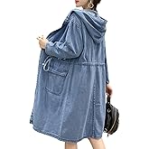 utcoco Womens Mid Long Hooded Jean Jacket Casual Loose Fit Drawstring Denim Jacket Hoodies Open Front Trench Coat
