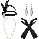 Dfqsofd 1920s Flapper Accessories Set of 4, Roaring 20s Feather Flapper Headpiece Pearl Necklace Earrings and Gloves for Party Cosplay Costume