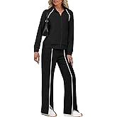 Sampeel Two Piece Sets for Women lounge Fall Outfits 2025 Zip Up Matching Sets Fashion Clothing Travel Airport Outfits Sweatsuits Plus Size Black 2XL
