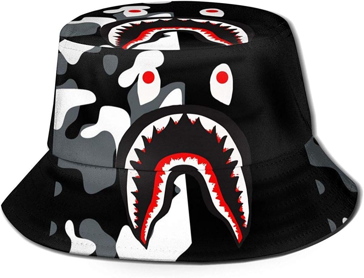 uytrgh Printed Bape Blood Shark Fisherman Polyester Hat Casual Travel Headgear Sun Hat Fisherman's caps