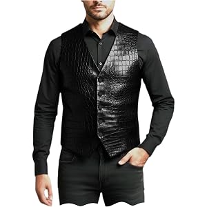 VENNYNG Men's Faux Leather Vest Crocodile Embossed Waistcoat V-Neck Slim Fit Gothic Steampunk Gilet