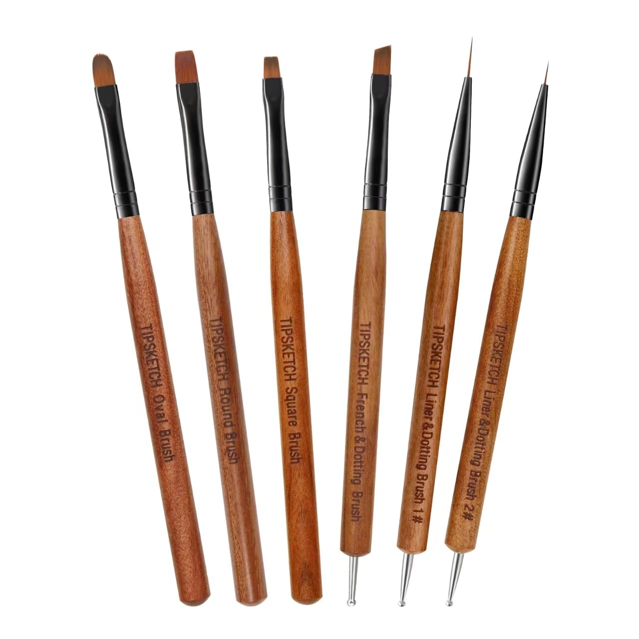 Tipsketch Nail Art Brush Set - 6pcs Including Liner, Dotting Pen, Gel, French, Builder Brushes