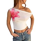 Women Y2k Off Shoulder Tops Sleeveless Tie Back Polka Dot Floral Print Slim Fit Going Out Tank Crop Tops Streetwear