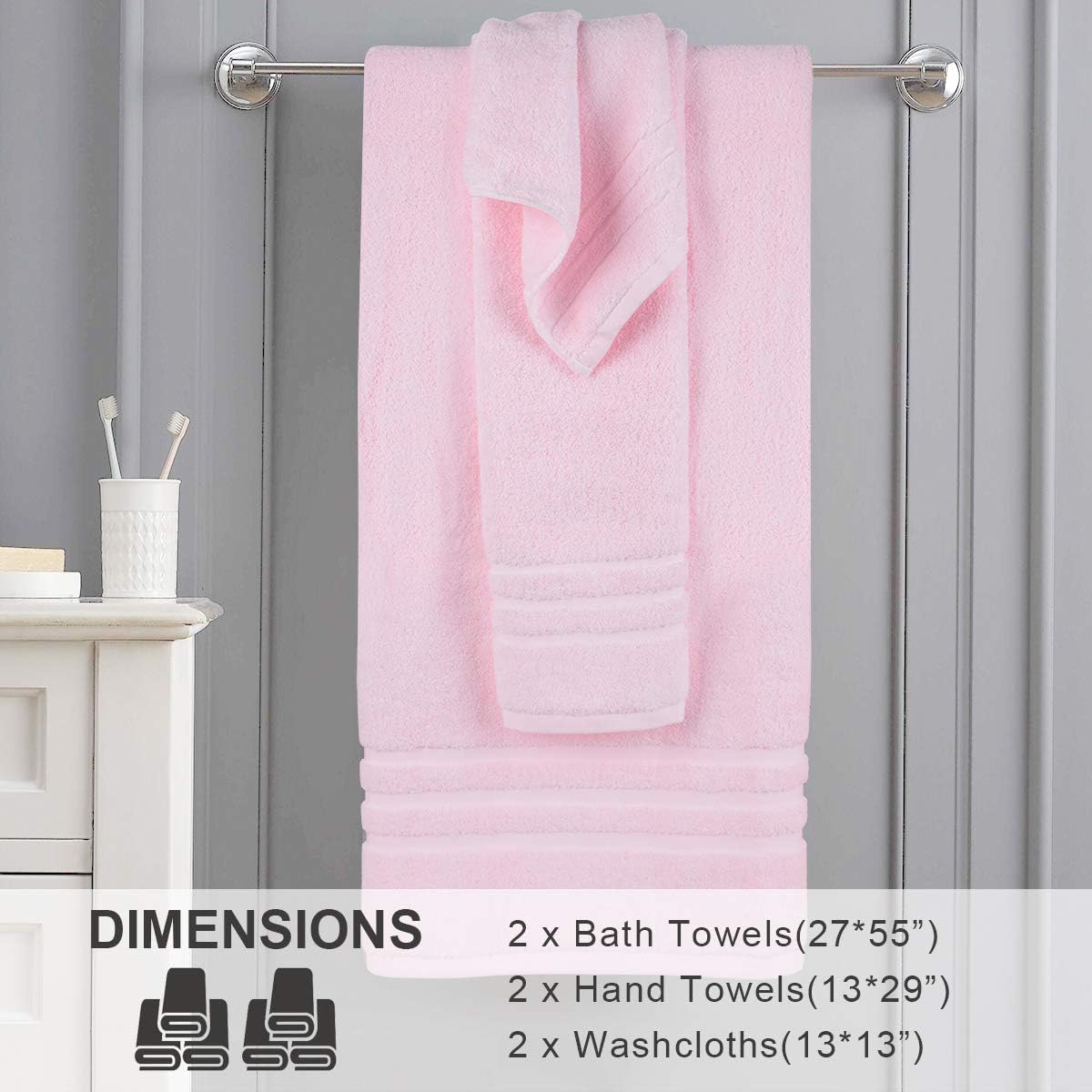 Josmon Towel Sets, 100% Cotton Bath Towels Set 6 Pieces for Bathroom, Luxury Highly Absorbent Hotel Spa Gym 2 Bath Towels 2 Hand Towels 2 Washcloths (Pink): Home & Kitchen
