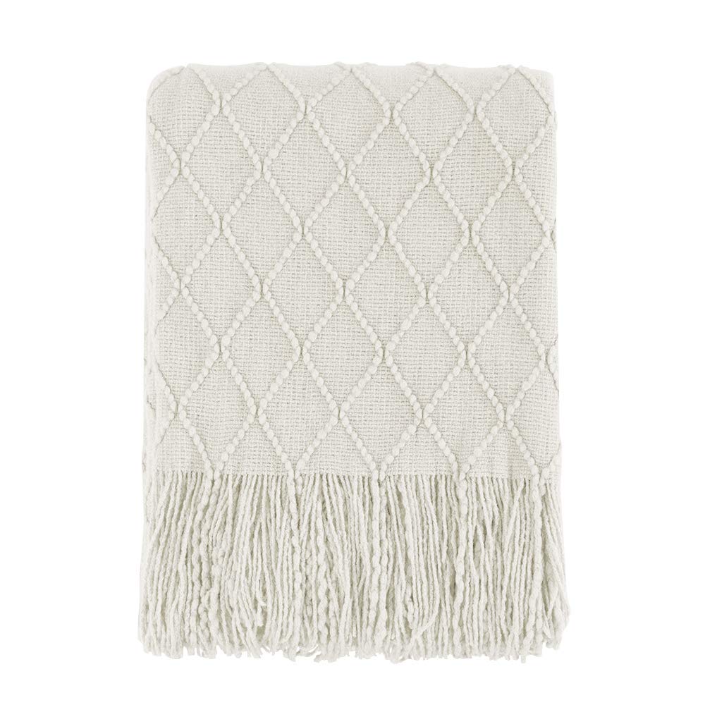 BOURINA Textured Solid Soft Sofa Throw Couch Cover Knitted Decorative Blanket,Beige, 127x228cm