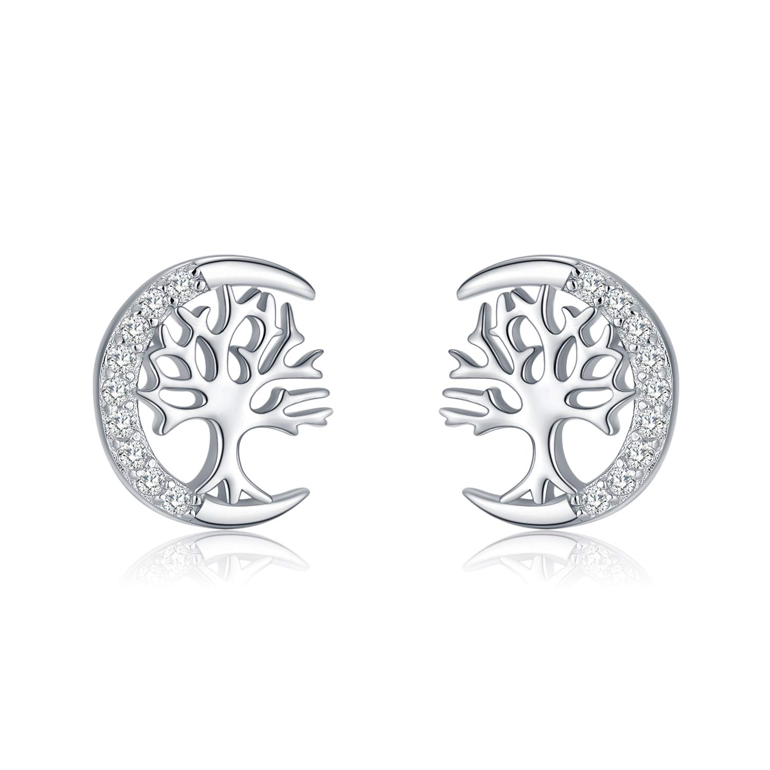 TANGPOET Tree of Life Earrings for Women 925 Sterling Silver Family Tree Stud Earring for Girls, Birthday Jewellery Gifts for Her, White Gold