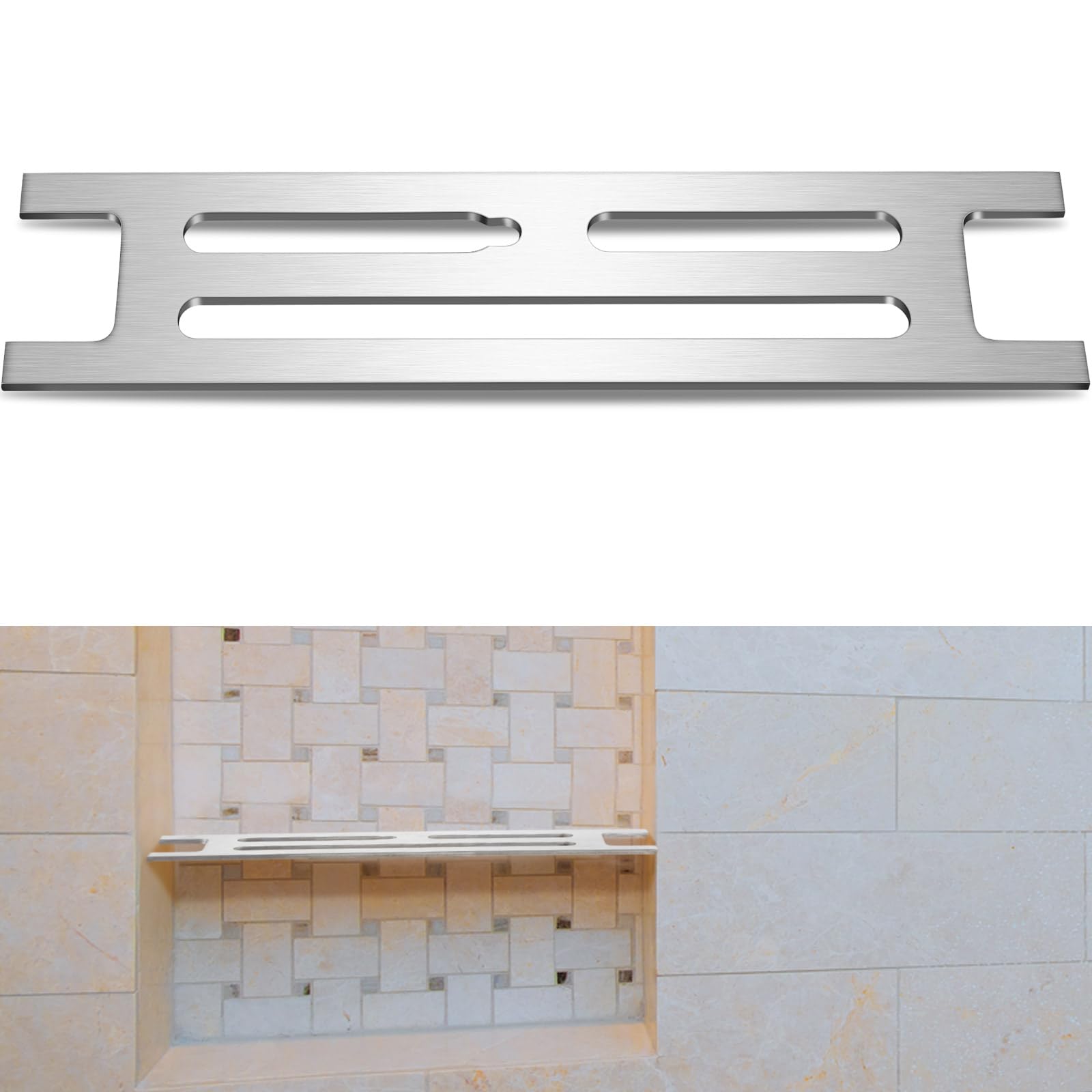 Photo 1 of Teenyyou 1 Pcs Bathroom Niche Shelf for 12" Prefabricated Niches Fits 1/8" Grout Line, 3mm Thick, Marine Grade Brushed 316 Stainless Steel Shelf During Remodel Before Tile Installation