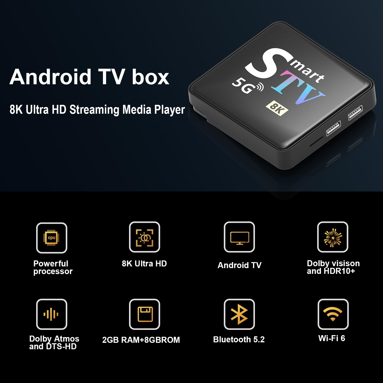 Streaming Media Player Converts Regular TV to Smart TV 4K Resolution Built-in Android 14.0 OS Quad-Core Processor WIFI6 Bluetooth Bluetooth Voice Remote 2GB+8GB Memory (M9-8K)