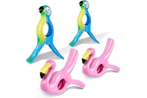 Beach Towel Clips, Sopito Jumbo Size Towel Clips for Beach Chairs Cruise Pool Patio or Daily Use-Secure Hang Seal, Set of 4 (Flamingo Parrot)
