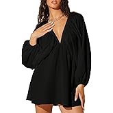 MakeMeChic Women's Sexy Deep V Neck Dress Long Sleeve Backless Babydoll Loose Flowy Smocked Mini Dress