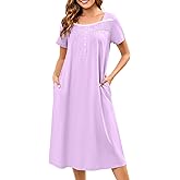 Bloggerlove 100% Cotton Nightgowns for Women Embroidery Pleated Button House Dress Long Moomoo Nightgown with Pockets