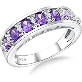AGRULE Channel Set Gemstone Wedding Band 5.8mm Thick Chunky Amethyst Emerald Ruby Sapphire Ring 2 Carat Oval Cut 925 Sterling Silver 7 Stones Anniversary Band Rings for Men Women