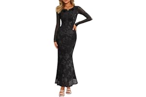 MEROKEETY Women's Fall Cocktail Formal Wedding Guest Dress Long Sleeve Maxi Bodycon Floral Mesh Winter Party Dresses