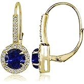 Yellow Gold Flashed Sterling Silver Genuine, Created or Simulated Gemstone and Cubic Zirconia Accents Round Leverback Earrings