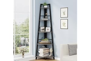 BON AUGURE Rustic Tall Corner Bookshelf, 5 Tier Wood and Black Metal Corner Ladder Shelf, Industrial Corner Bookcase and Gray Corner Shelf for Living Room, Bathroom, Kitchen (Dark Gray Oak)