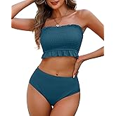 Tempt Me Women Bandeau High Waisted Bikini Sets Smocked Swimsuit Strapless Two Piece Bathing Suit