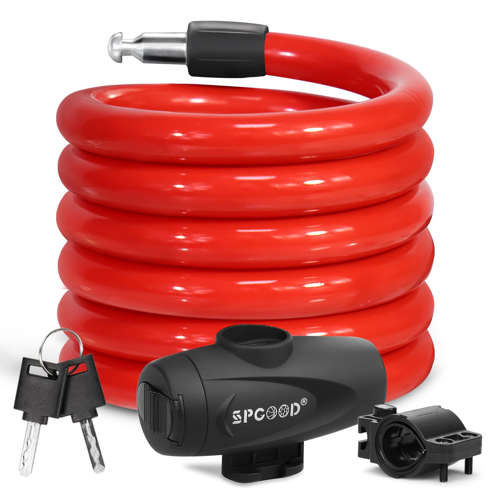 SPGOOD Bike Lock 1200mm/12mm with 2 Keys,Steel Cycling Bicycle Lock High Security with Mounting Bracket,Lightweight Coiling Cable Lock for Bike,Scooter,Skateboard,Gate,Door (A-Red)
