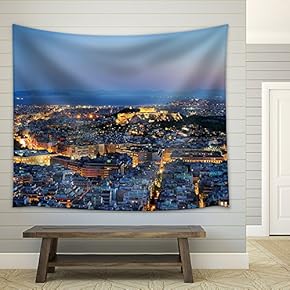 View Over The Athens at Night, Greece - Fabric Wall Tapestry Home Decor - 51x60 inches